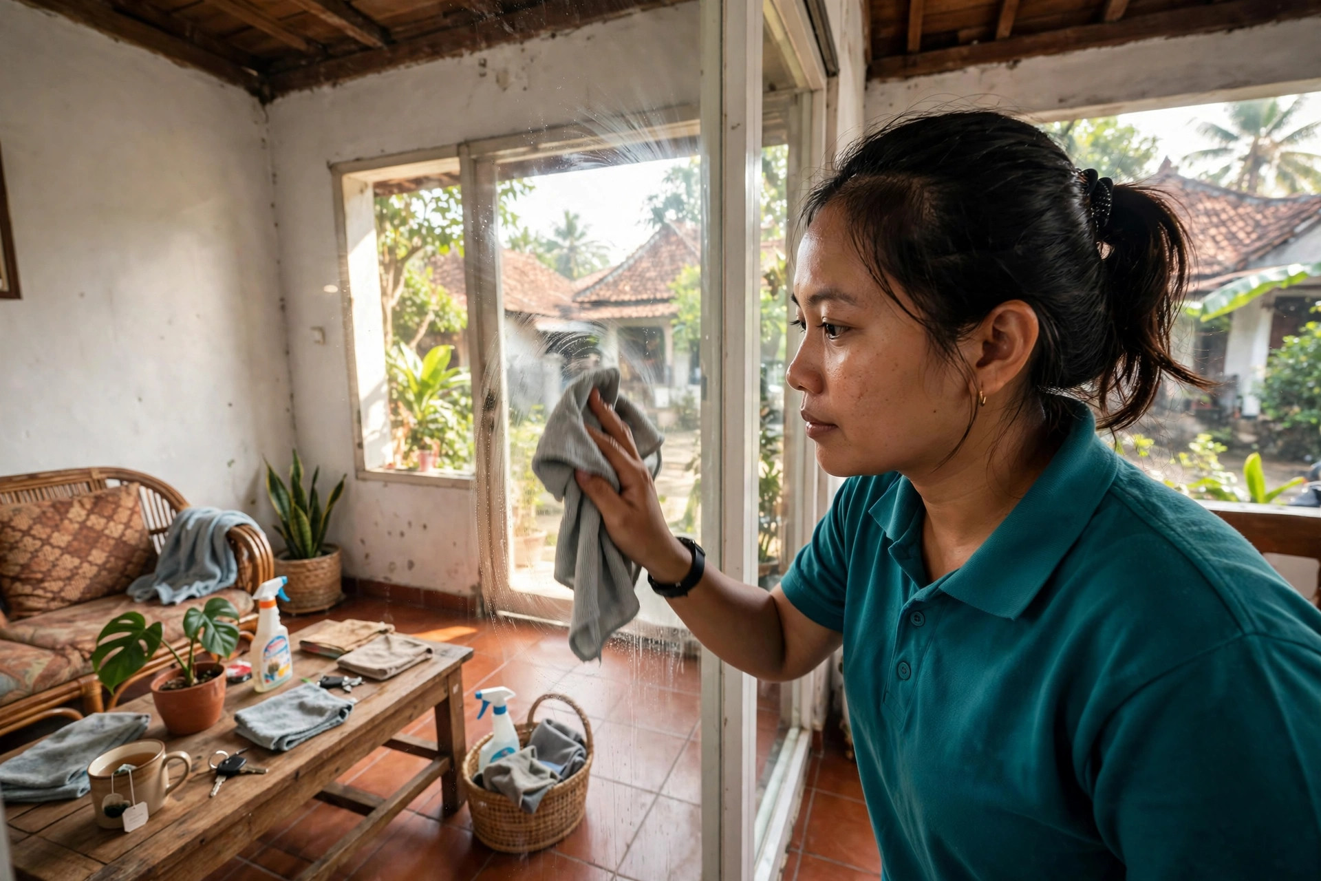 Petugas CleanyWell membersihkan ruang tamu di Yogyakarta